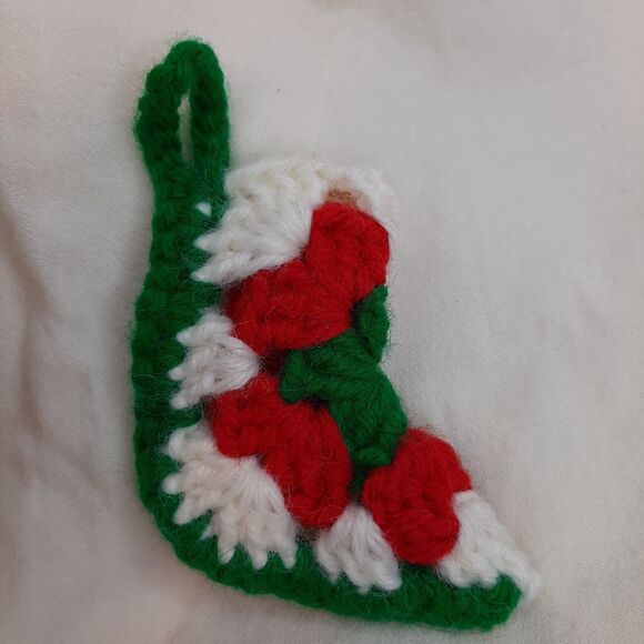 Vtg Miniature 3" Handmade Knit Crochet Christmas Stocking Granny Square green - Picture 4 of 6